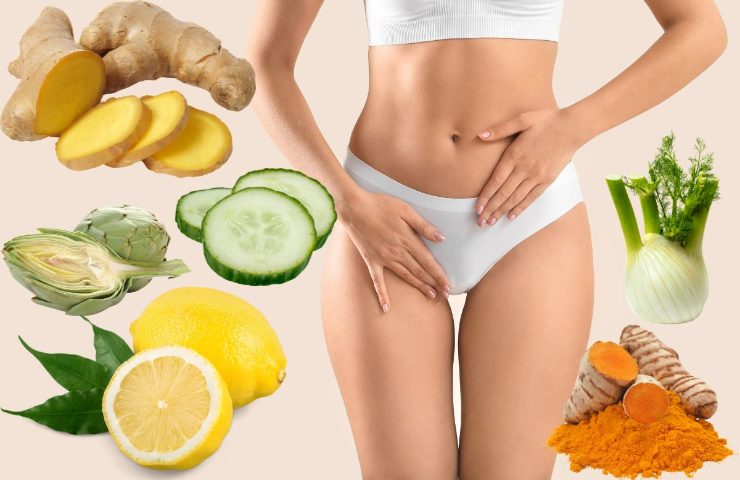 Donna con gonfiore addominale con collage di zenzero, limone, cetrioli, curcuma, finocchi, carciofi