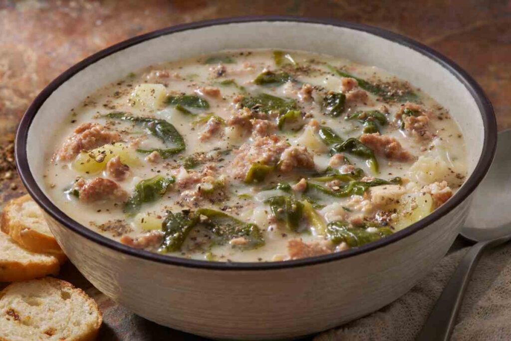 una ciotola con la zuppa toscana, tra i comfort food senza latticini della nostra selezione di ricette