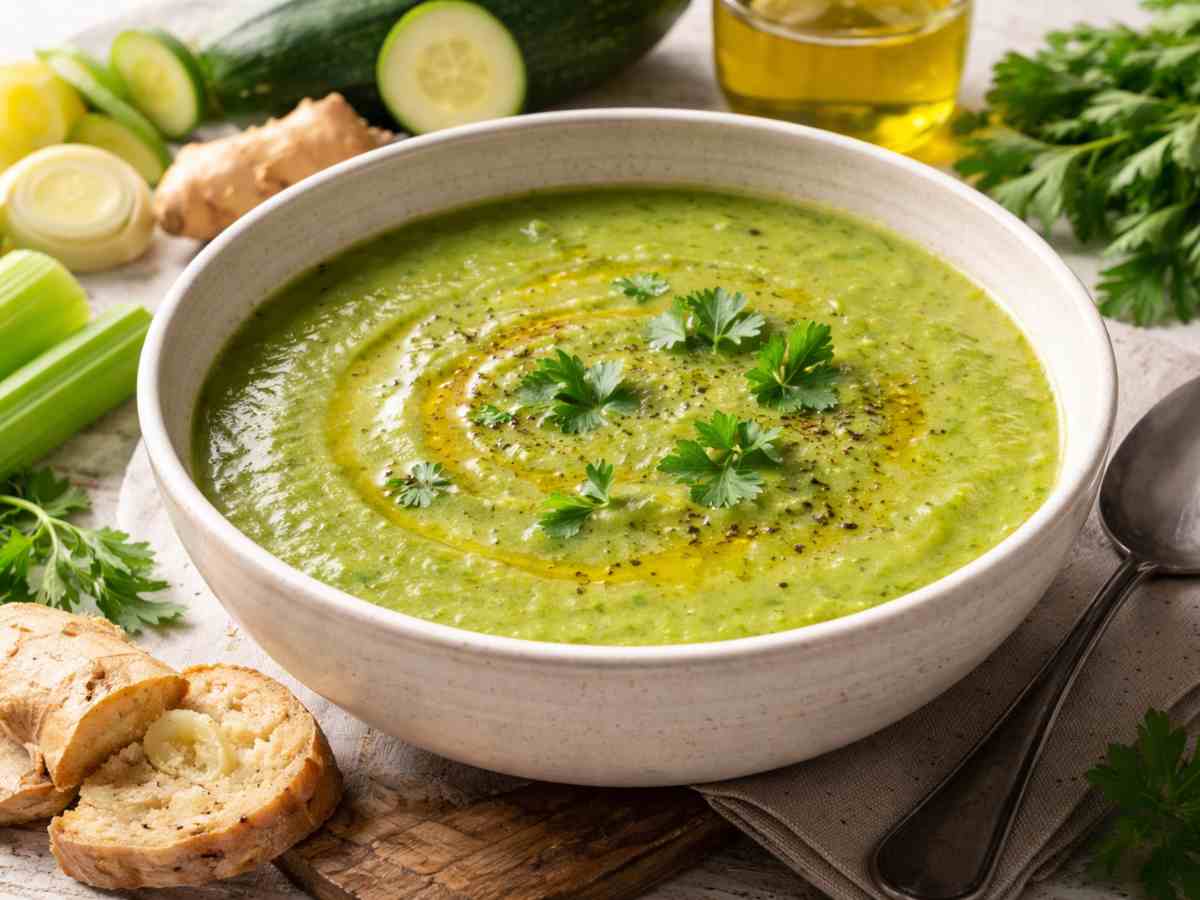 Zuppa detox con verdure verdi e zenzero